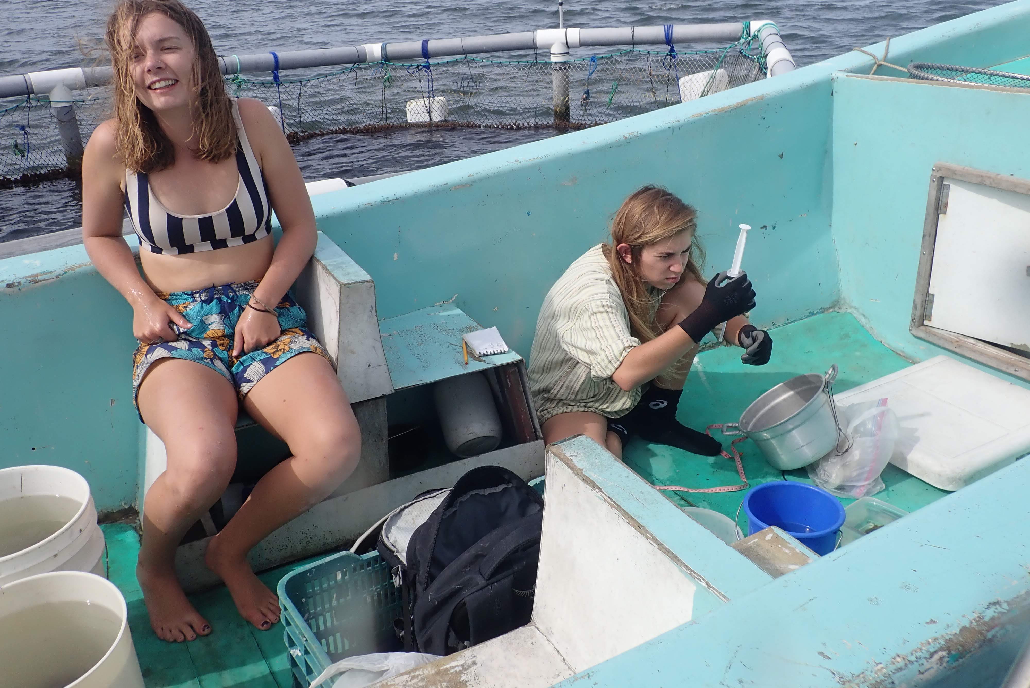 Measuring the water displacement of individual bivalves at the end of a field day with my colleague Erin, who was relaxing on the boat after a day of snorkeling and data collection for her own research.