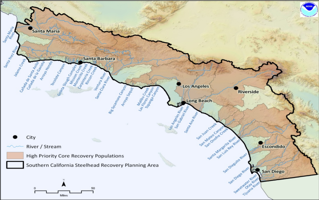Southern California Steelhead Trout distinct population segment map with watershed landmarks