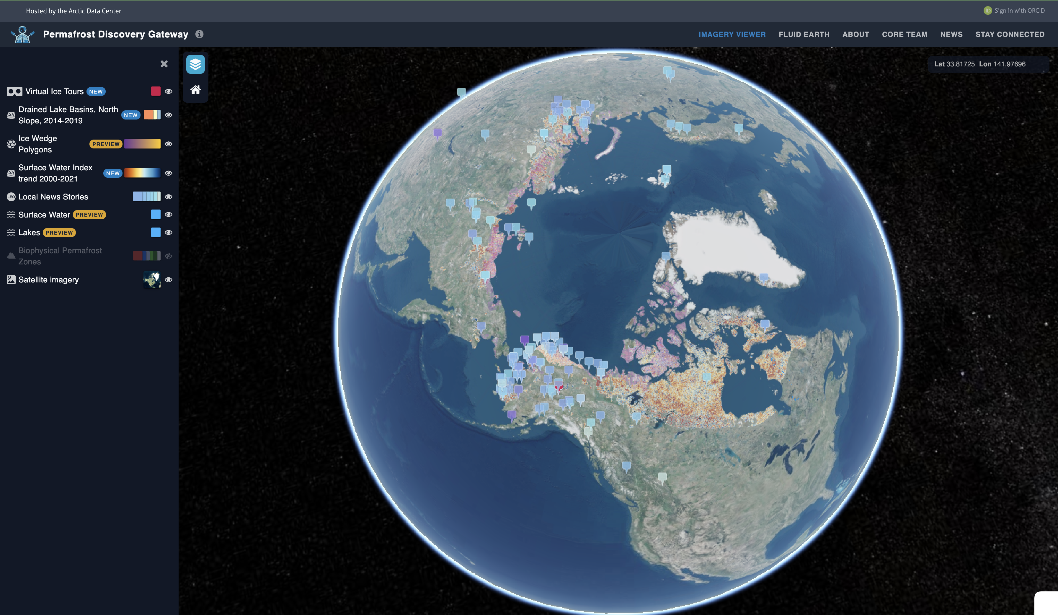 Imagery Viewer with data layers on the Permafrost Discovery Gateway